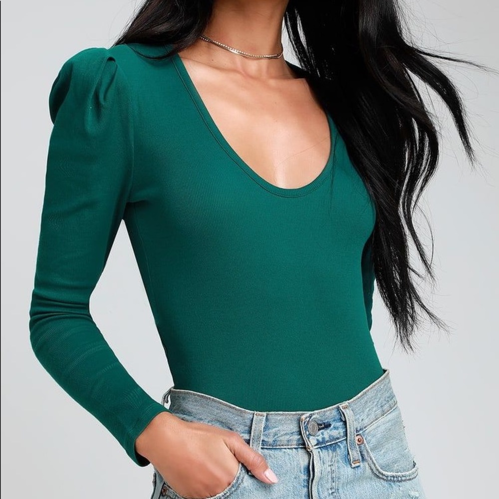 Free People Hey Lady Teal Ribbed Puff Sleeve Top